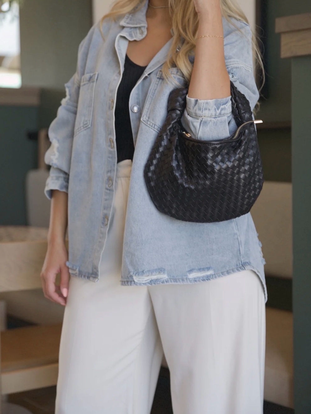 Melie Bianco Black Woven Knot-Handle Hobo